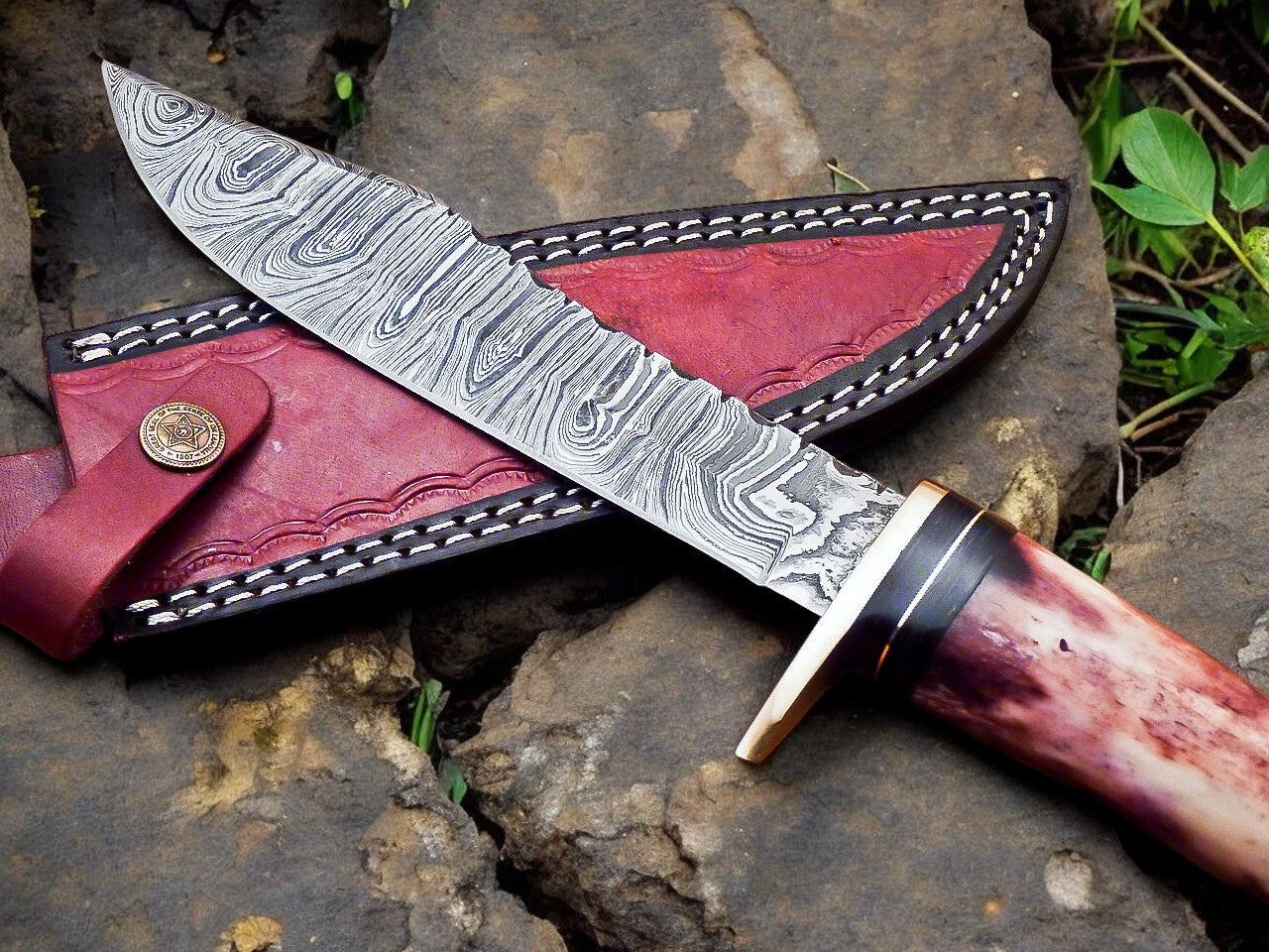 Handmade Damascus Hunting Knife – 12" with Bone Handle Damascus Knife Store