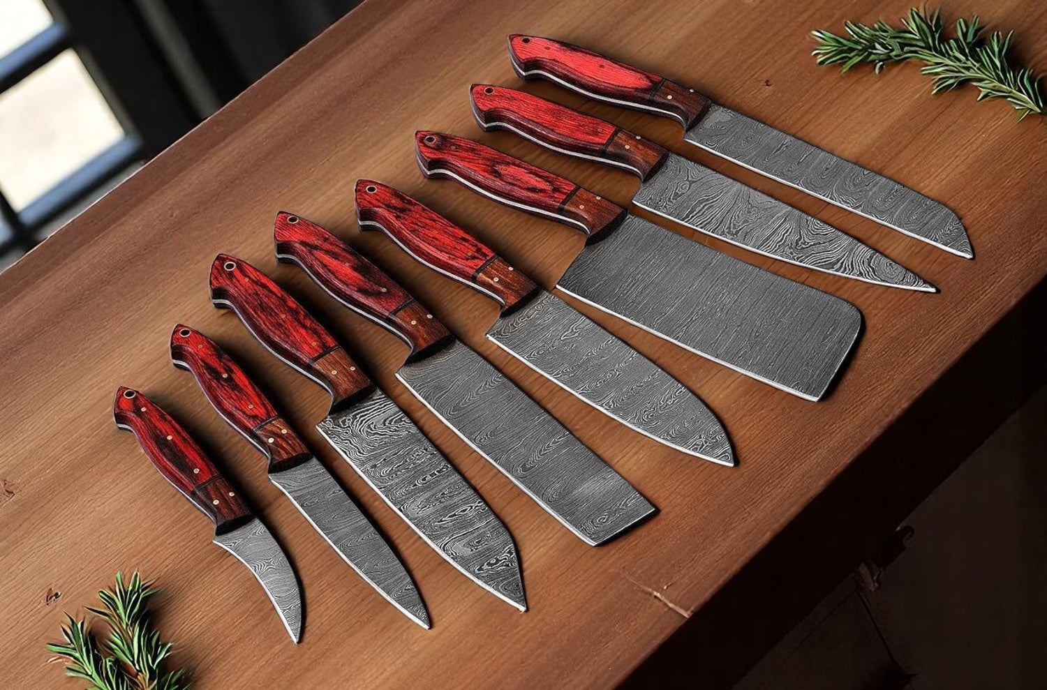 Cutting Knife Set – 8-Piece Full Tang Damascus Steel Collection Damascus Knife Store