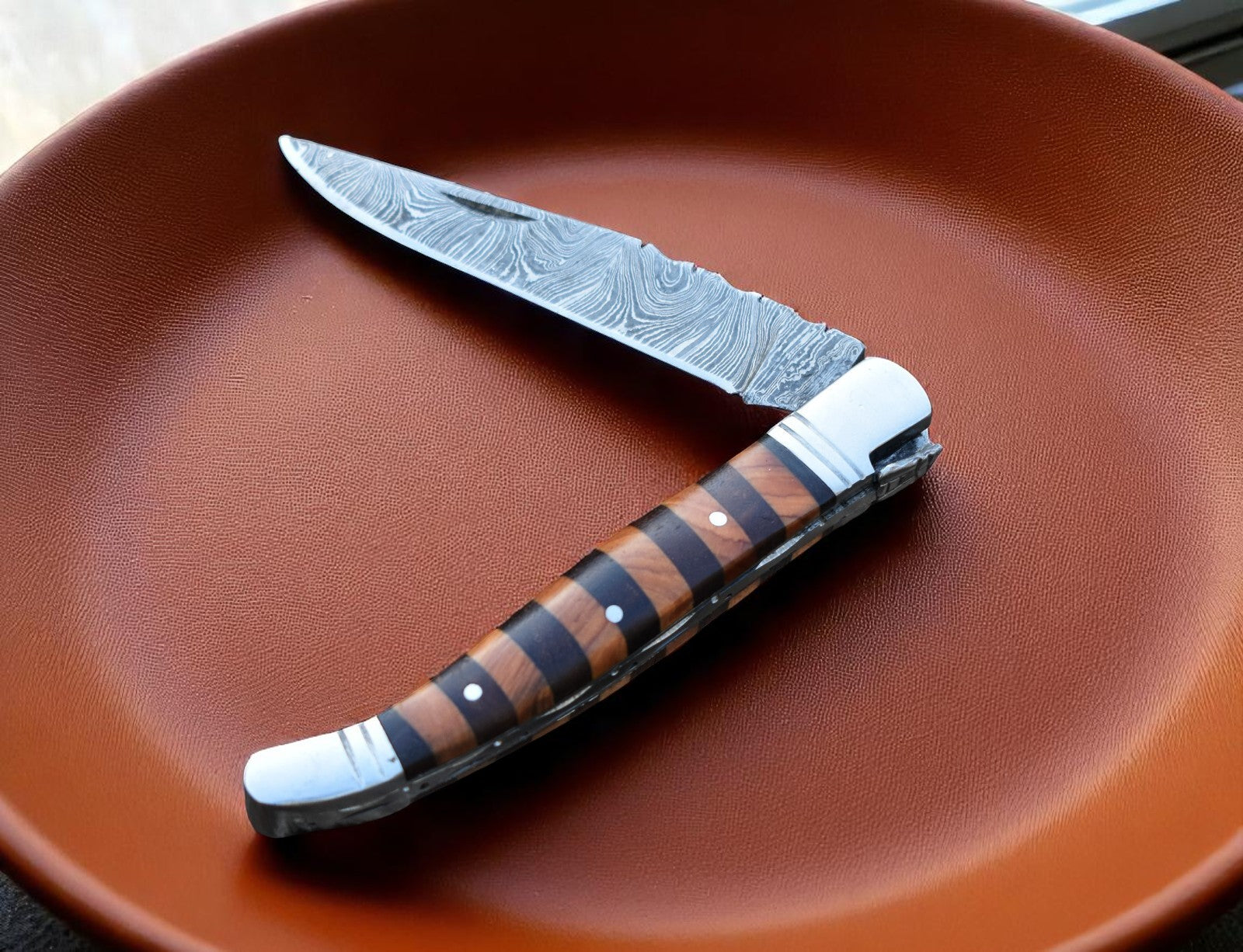 Wood Handle Folding Knife – Damascus Blade Damascus Knife Store