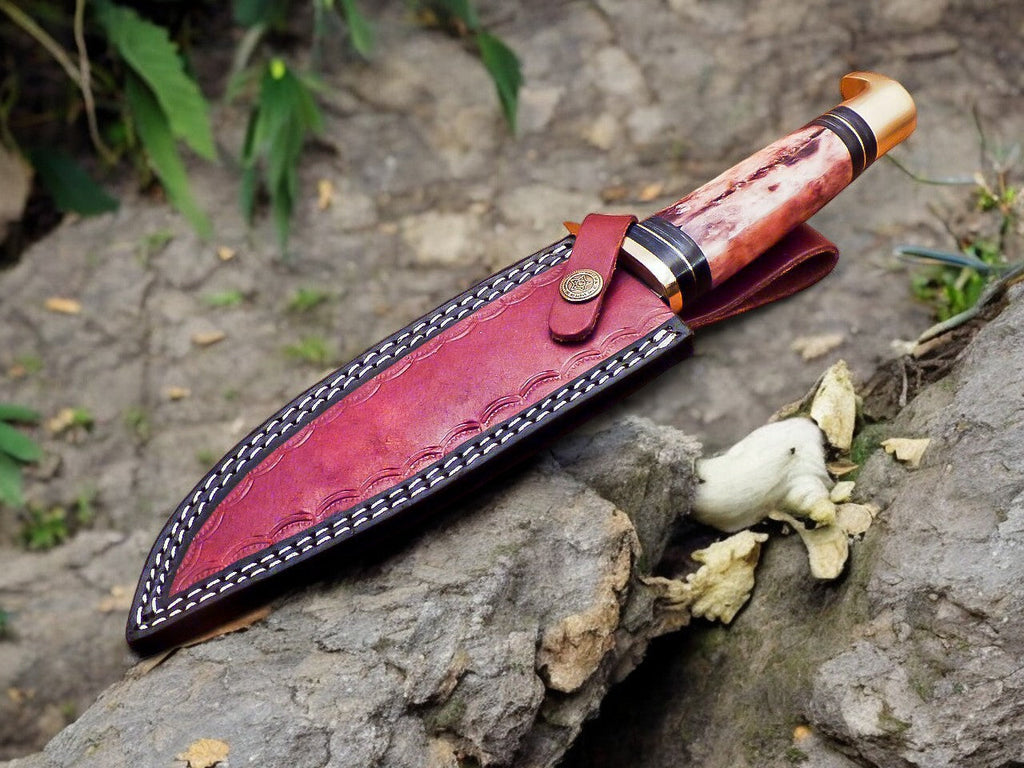 Handmade Damascus Hunting Knife – 12" with Bone Handle Damascus Knife Store