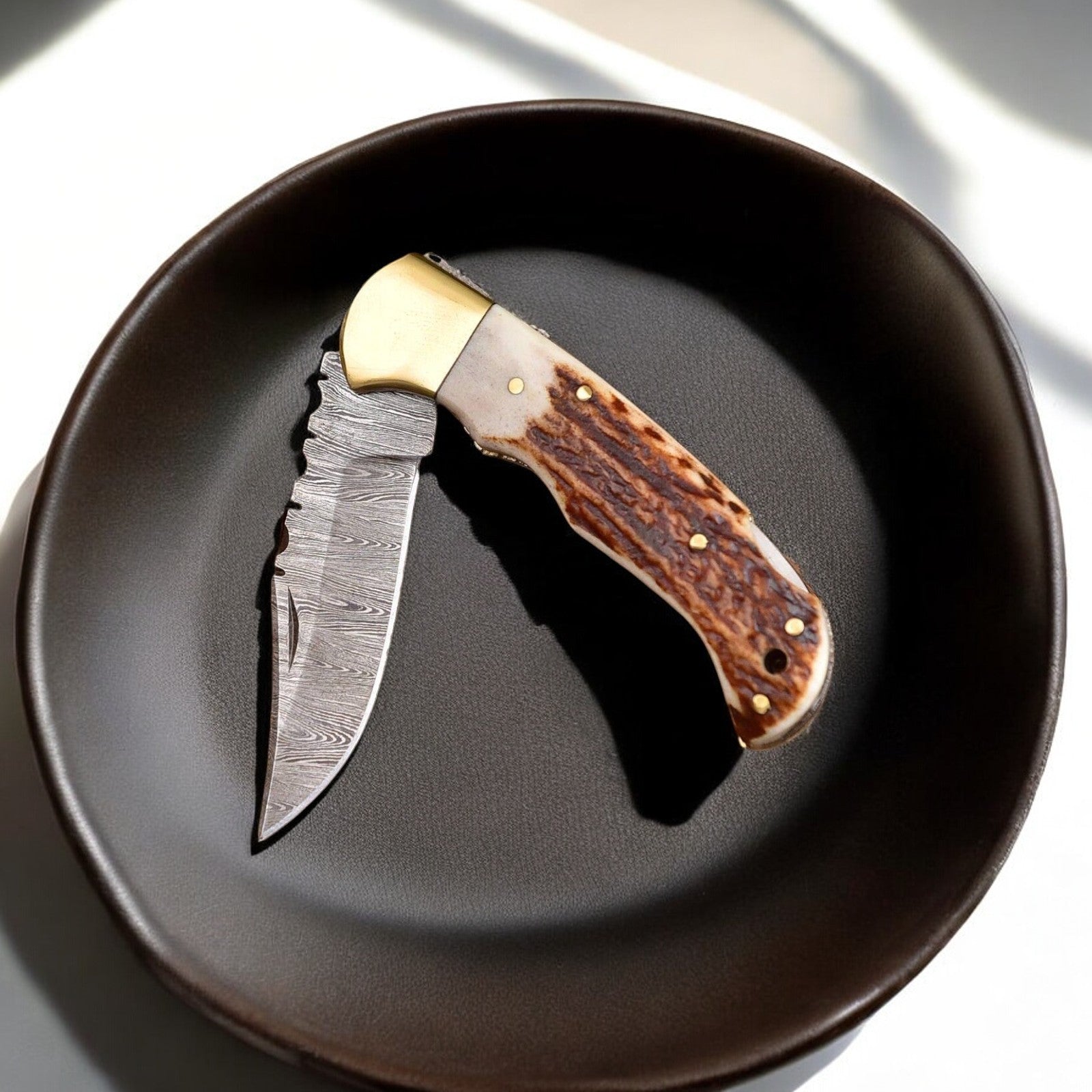 Custom Handmade Damascus Steel Folding Knife with Antler Horn Handle Damascus Knife Store