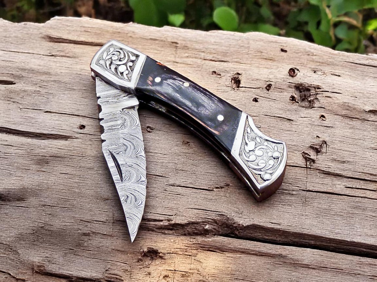Handmade Damascus Pocket Knife with Black Wood Handle Damascus Knife Store