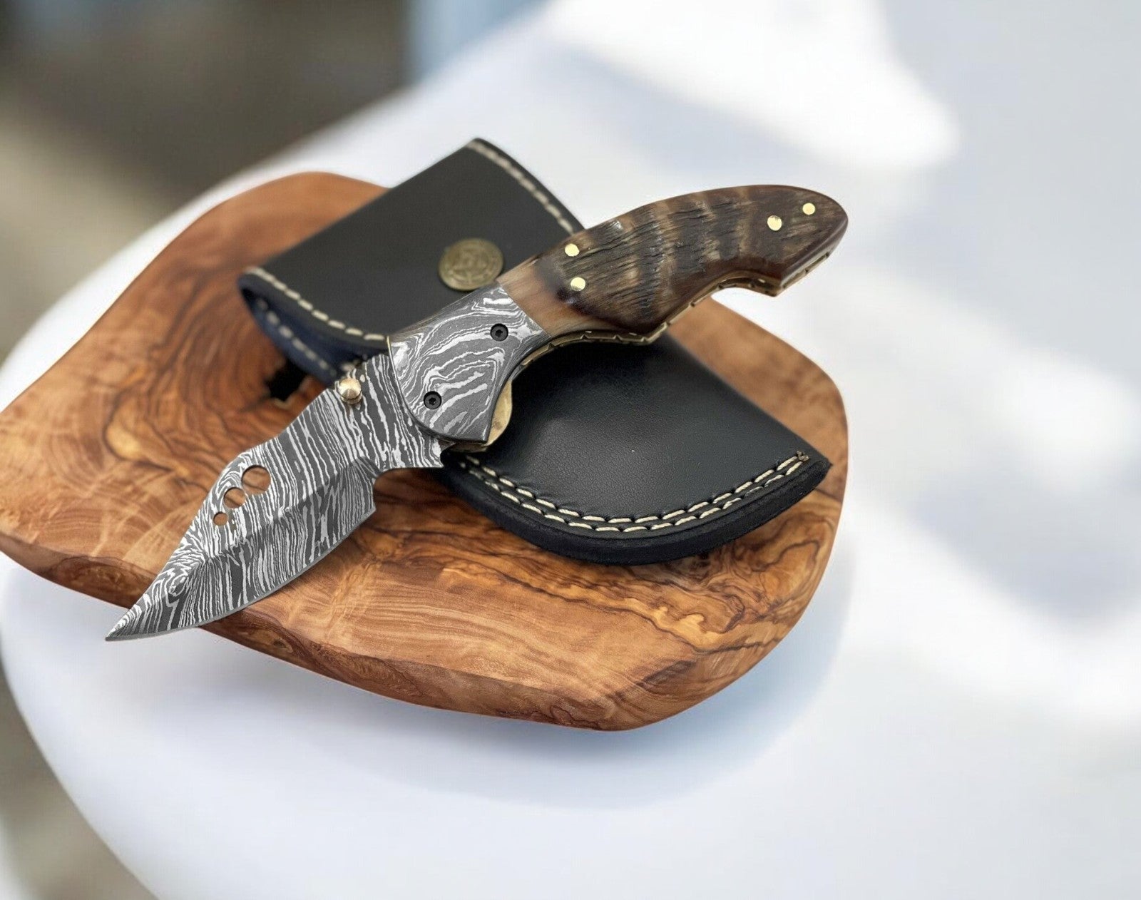 Ram Horn Damascus Pocket Knife – 3" Blade with Leather Case Damascus Knife Store