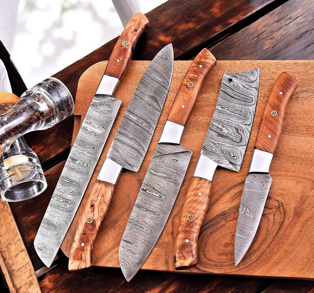 Handmade Damascus Kitchen Knives Set – Olivewood Handles Damascus Knife Store