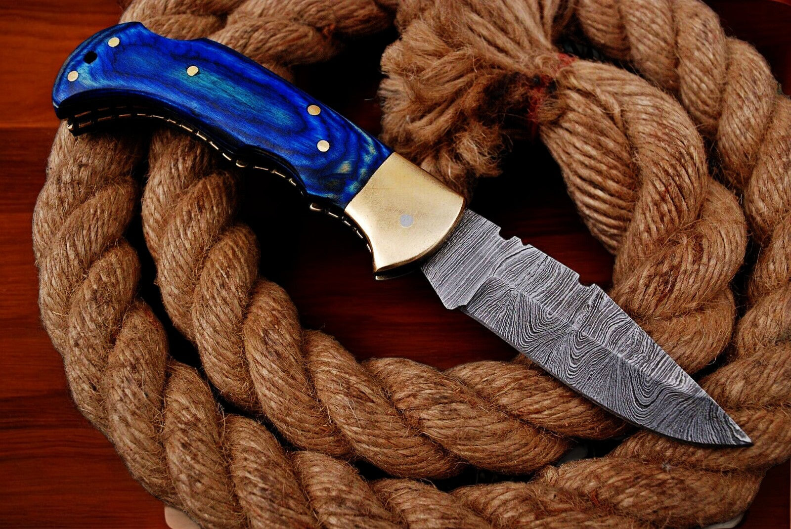 Custom Handmade Damascus Pocket Knife – Blue Exotic Wood Damascus Knife Store