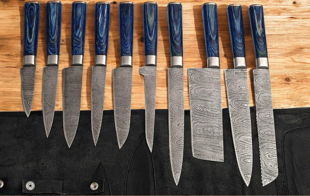 Handmade Damascus Steel Kitchen Knives Set with Leather Roll Damascus Knife Store