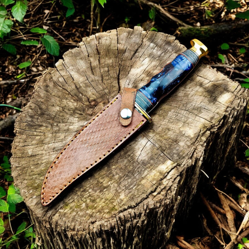 Custom Handmade Bowie Knife - 12" Damascus Steel Blade with Leather Sheath Damascus Knife Store