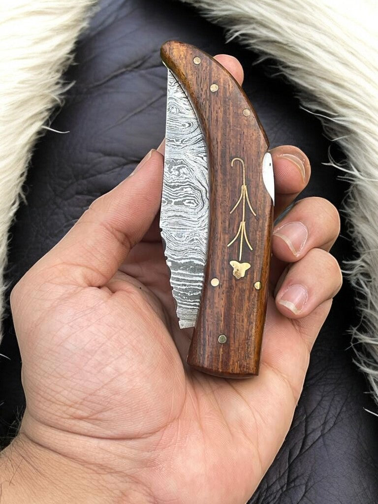 Handmade Damascus Steel Pocket Knife with Rosewood Handle Damascus Knife Store