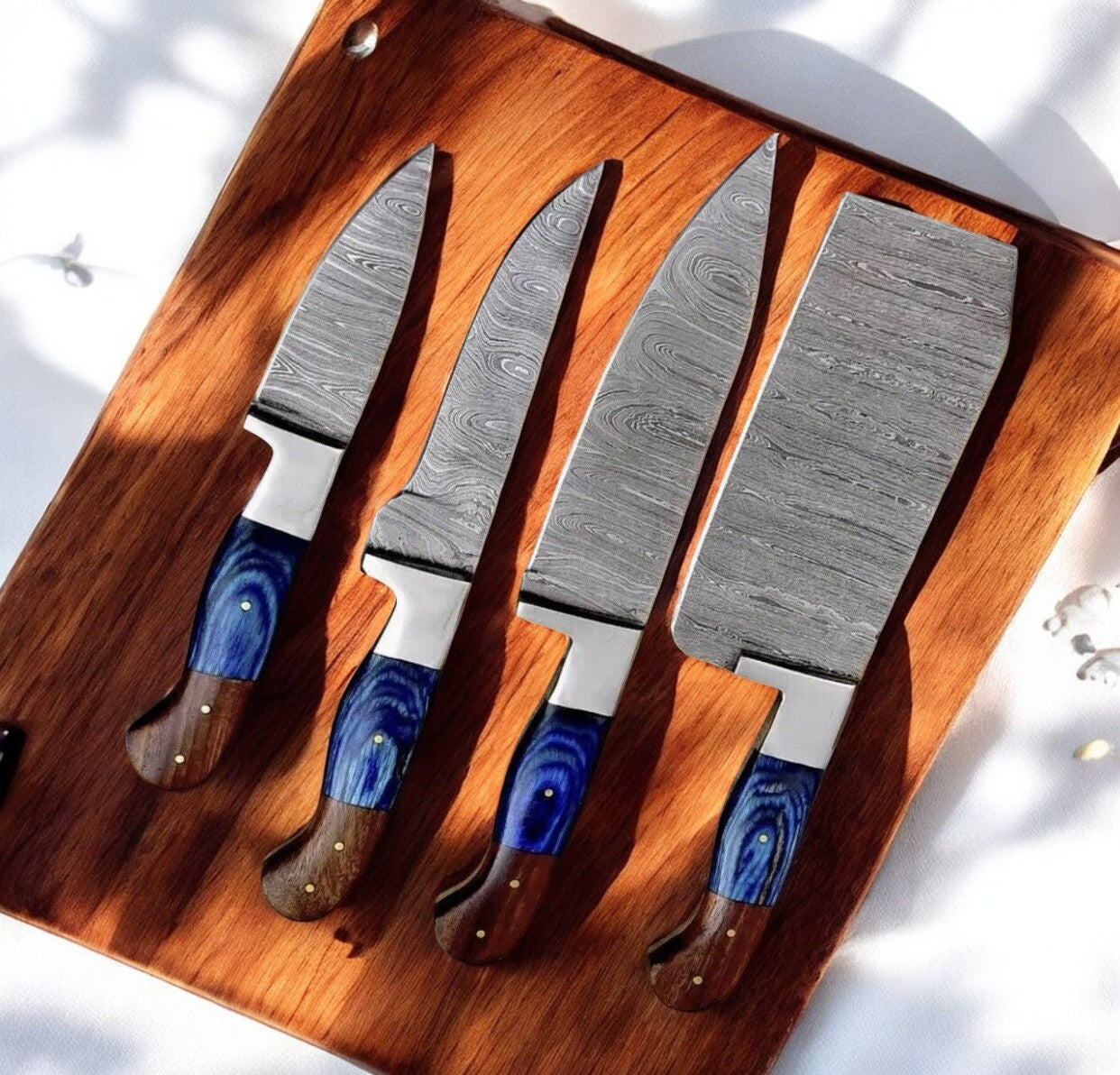 Handmade Damascus Kitchen Knives Set with Leather Roll Damascus Knife Store
