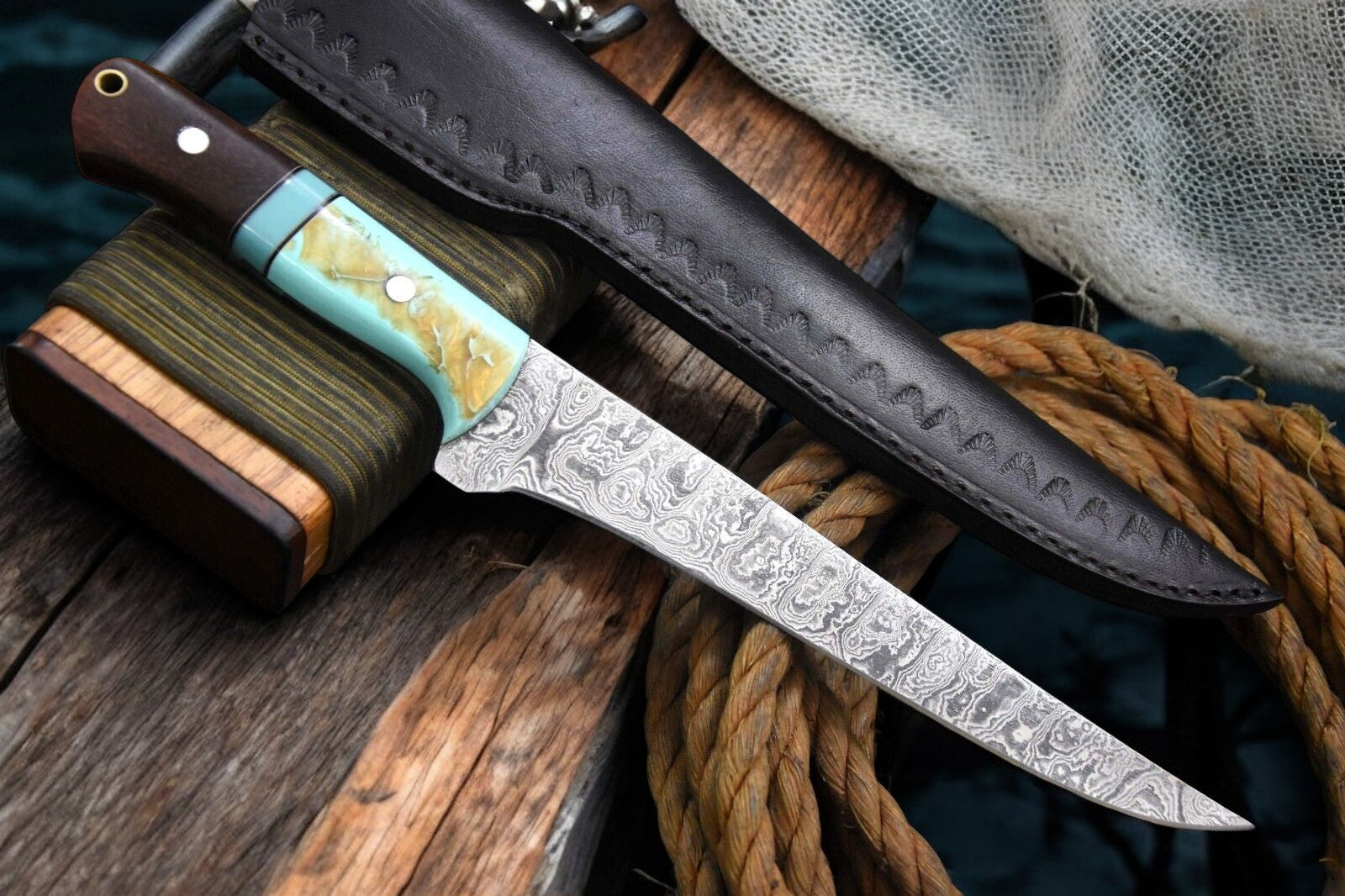Handmade Damascus Fillet Knife – Rosewood & Resin Handle Damascus Knife Store