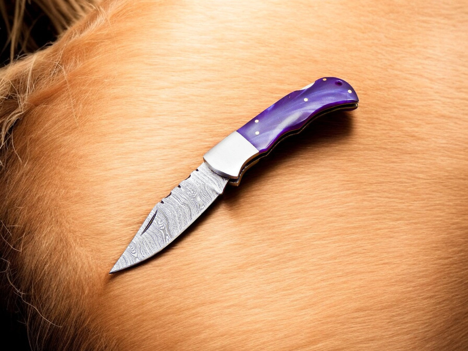Custom Handmade Damascus Pocket Knife – Colored Bone Handle Damascus Knife Store