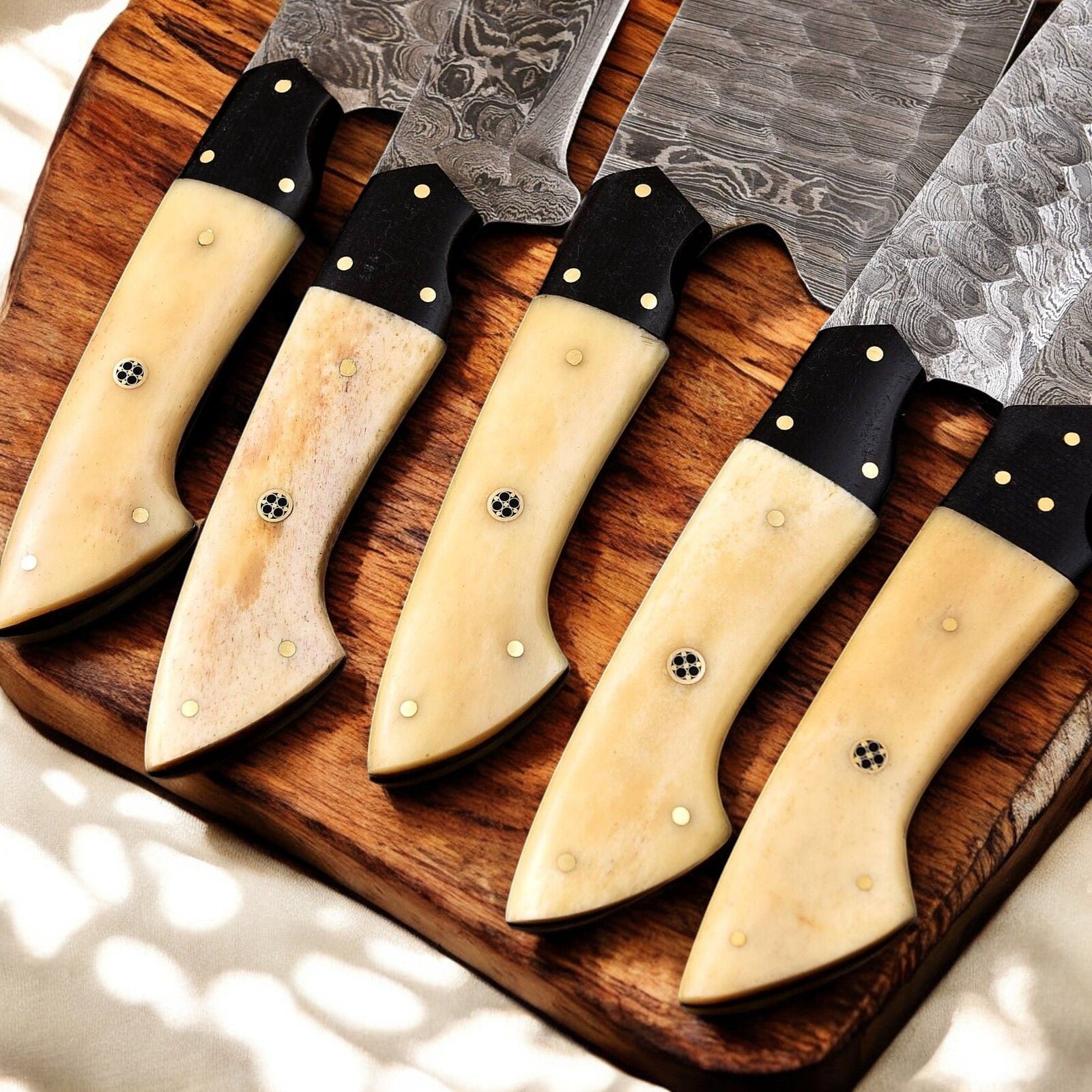Handmade Damascus Kitchen Knives Set | Bone & Horn Handles Damascus Knife Store