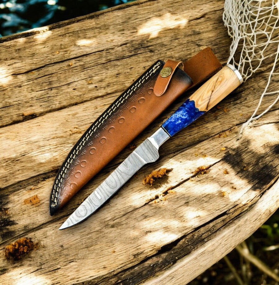 Handmade Damascus Fillet Knife – Epoxy Olive Wood Handle Damascus Knife Store