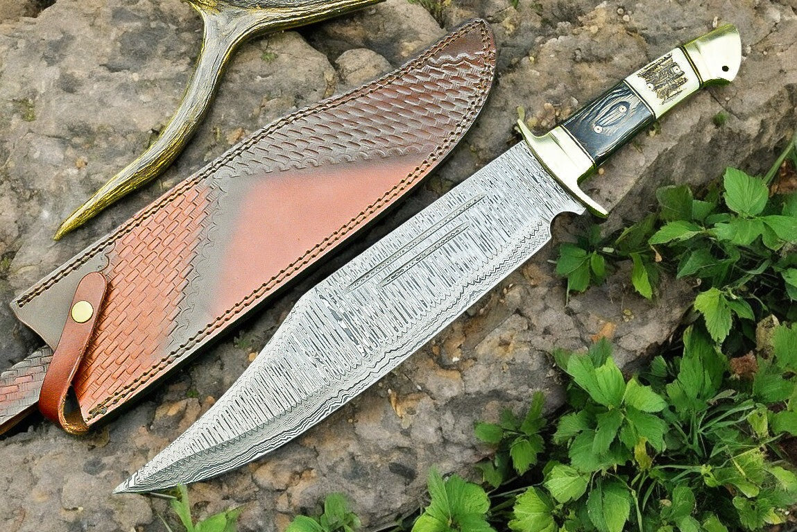 Handmade Damascus Bowie Knife | 16" Antler Horn Handle Damascus Knife Store