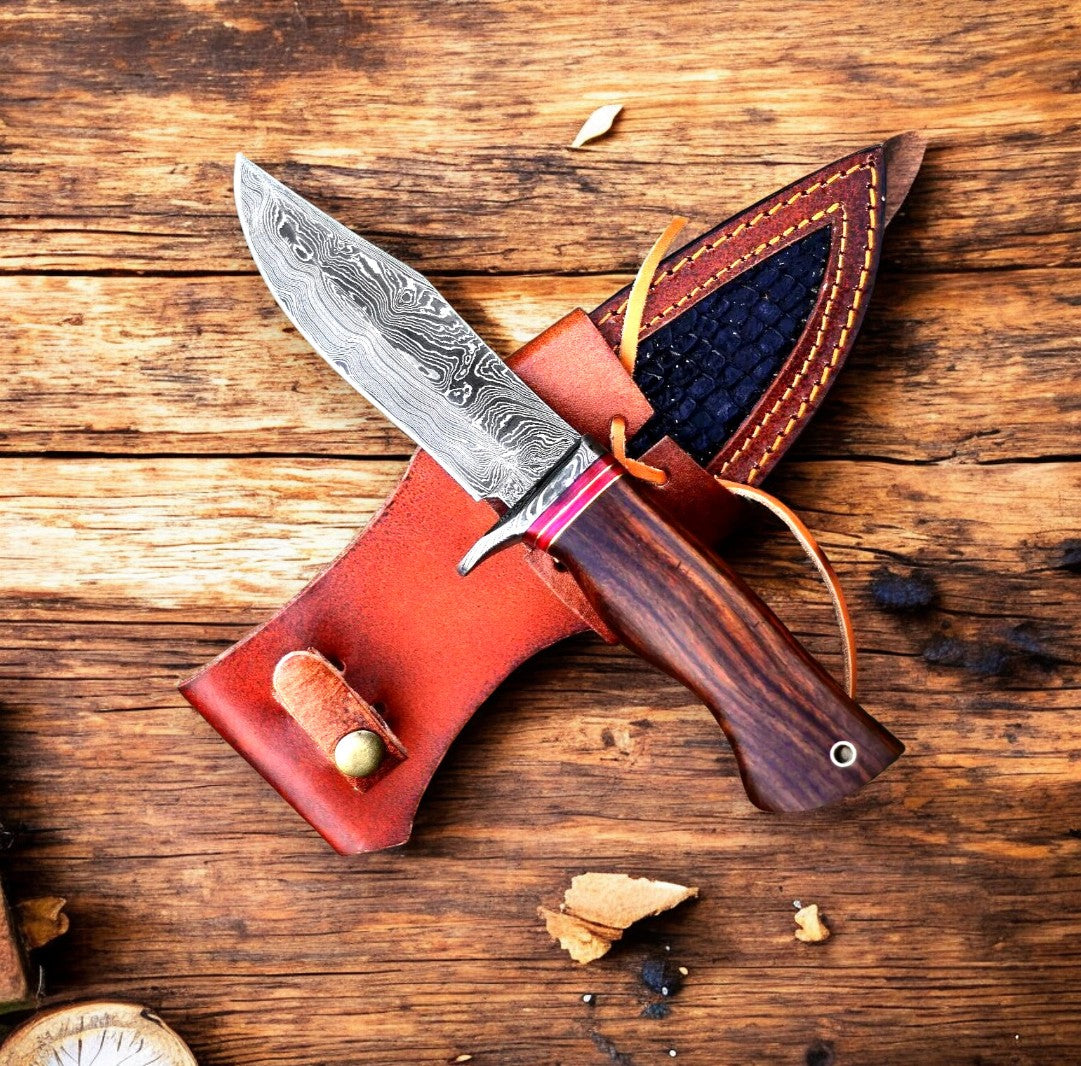 Custom Handmade Damascus Hunting Knife – 9" with Rosewood Handle Damascus Knife Store