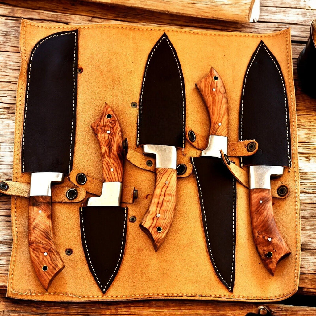 Handmade Damascus Kitchen Knives Set with Olivewood Handle Damascus Knife Store