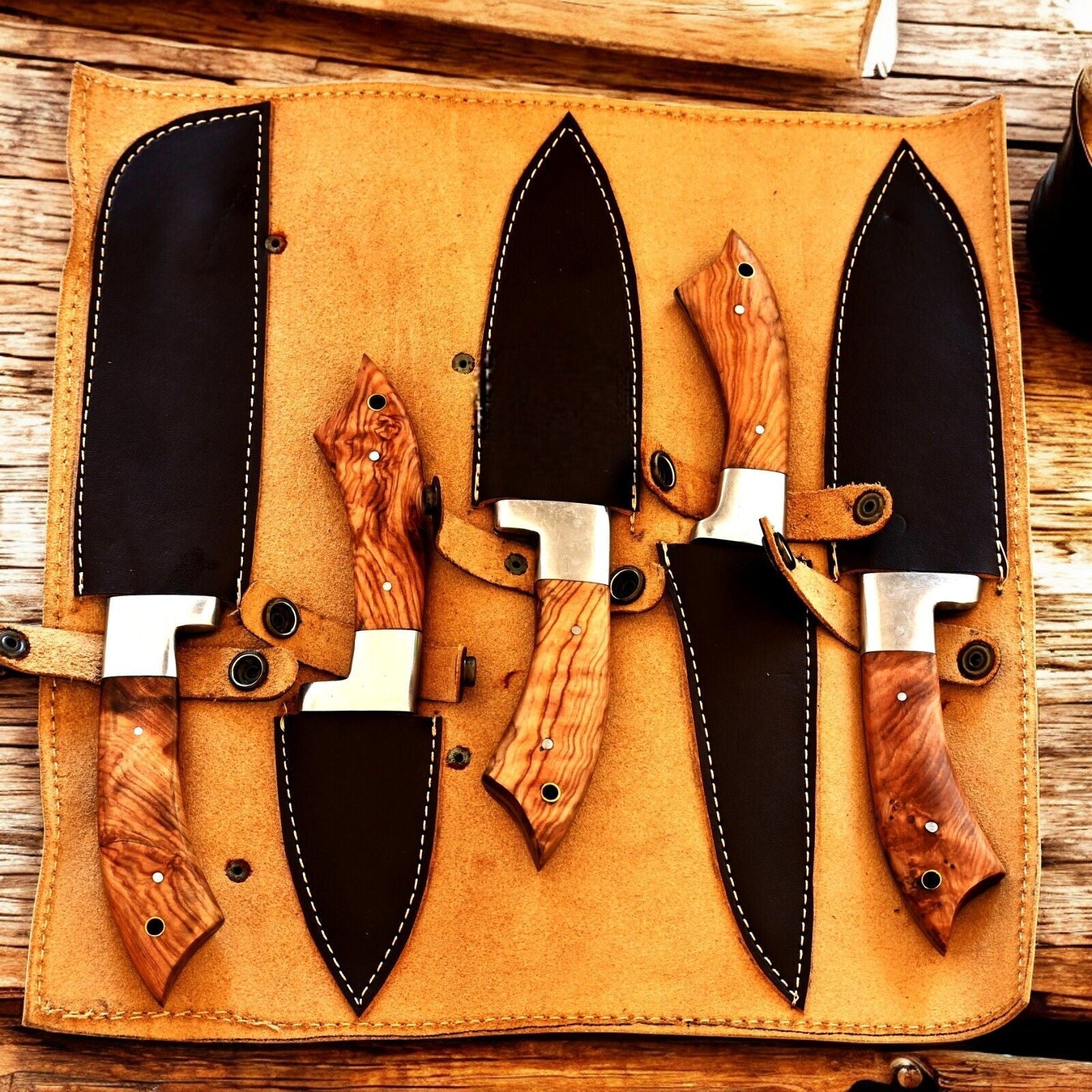 Handmade Damascus Kitchen Knives Set with Olivewood Handle Damascus Knife Store