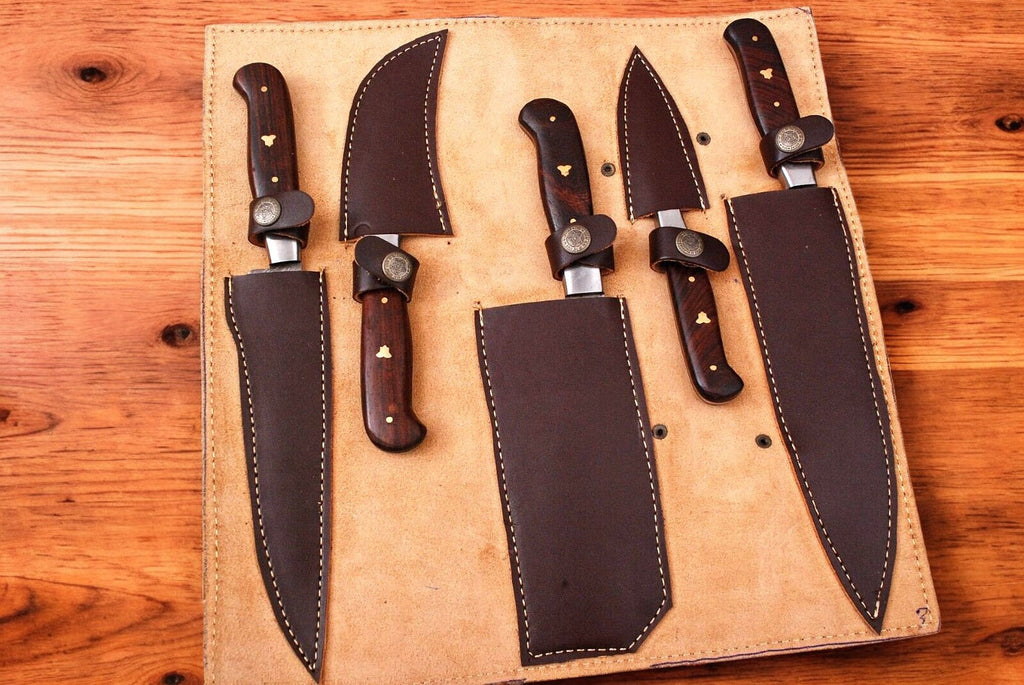 Handmade Damascus Kitchen Knives Set with Leather Roll Damascus Knife Store