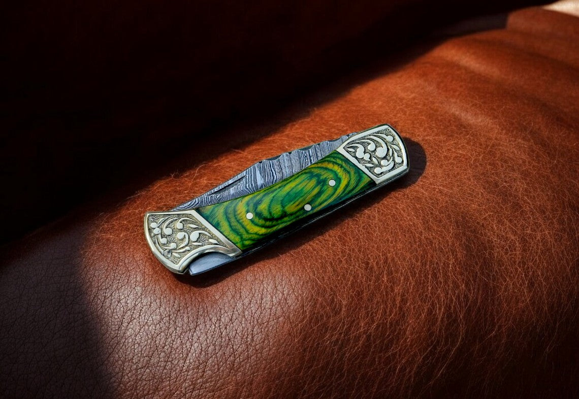 Handmade Damascus Folding Knife – Exotic Wood Handle Damascus Knife Store