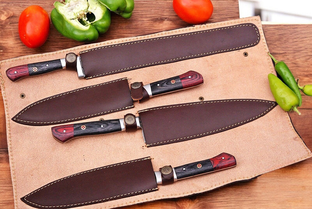 Handmade Damascus Kitchen Knives Set with Exotic Wood Handles Damascus Knife Store