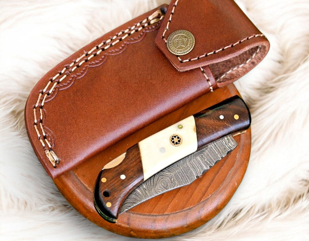 Handmade Damascus Steel Pocket Knife – Rosewood & Bone Damascus Knife Store