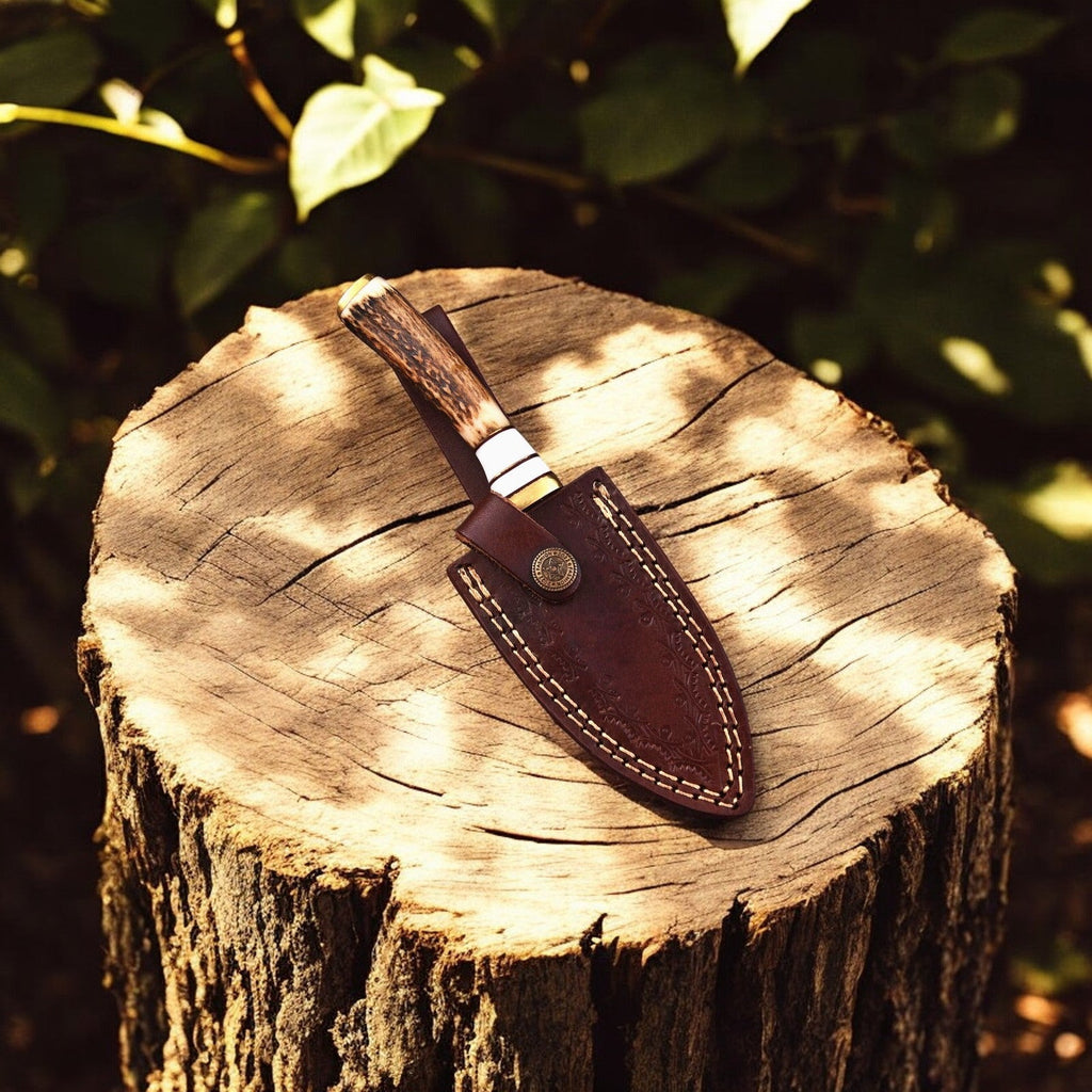 Custom Handmade Damascus Hunting Knife – 8" with Antler Handle Damascus Knife Store