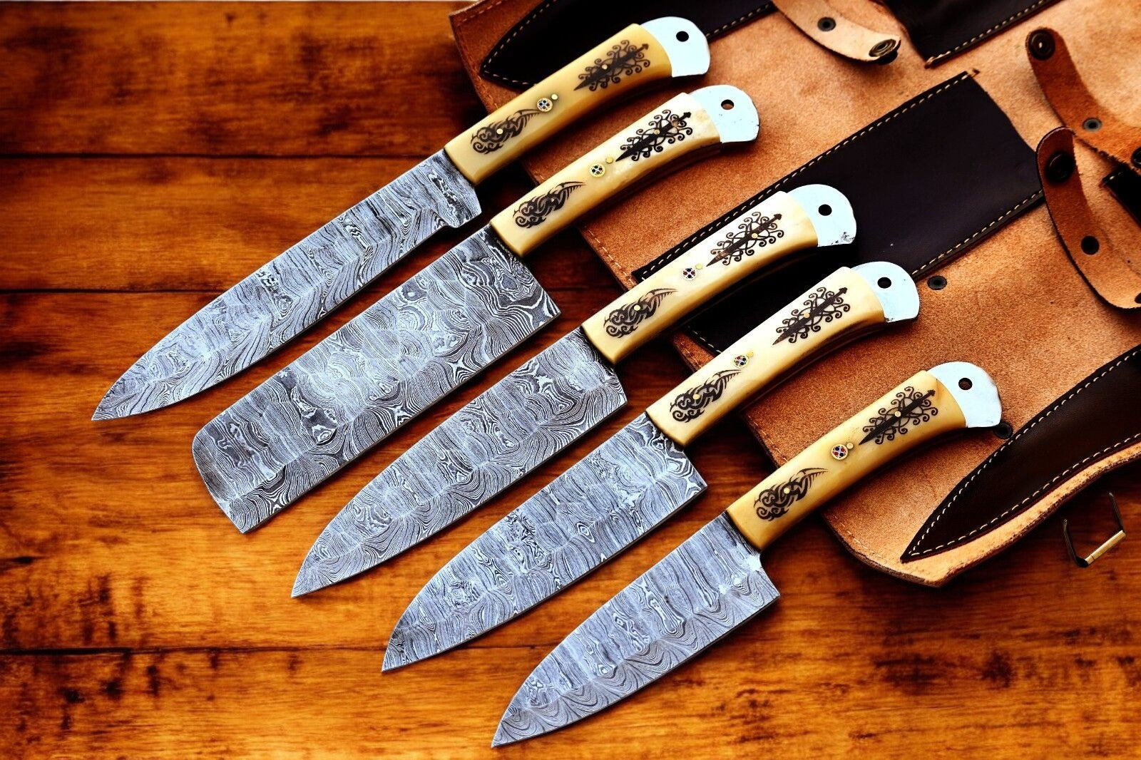 Handmade Damascus Kitchen Knives Set with Engraved Bone Damascus Knife Store