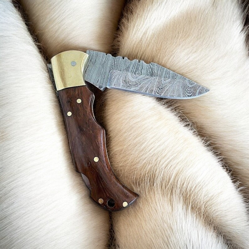 Custom Handmade Damascus Steel Pocket Knife with Rosewood Handle Damascus Knife Store