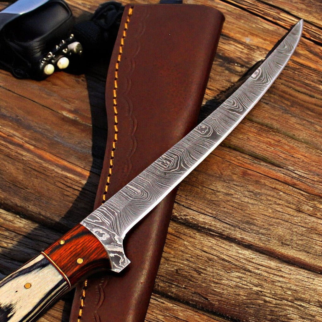 Handmade Damascus Fillet Knife with Antler Horn Handle Damascus Knife Store