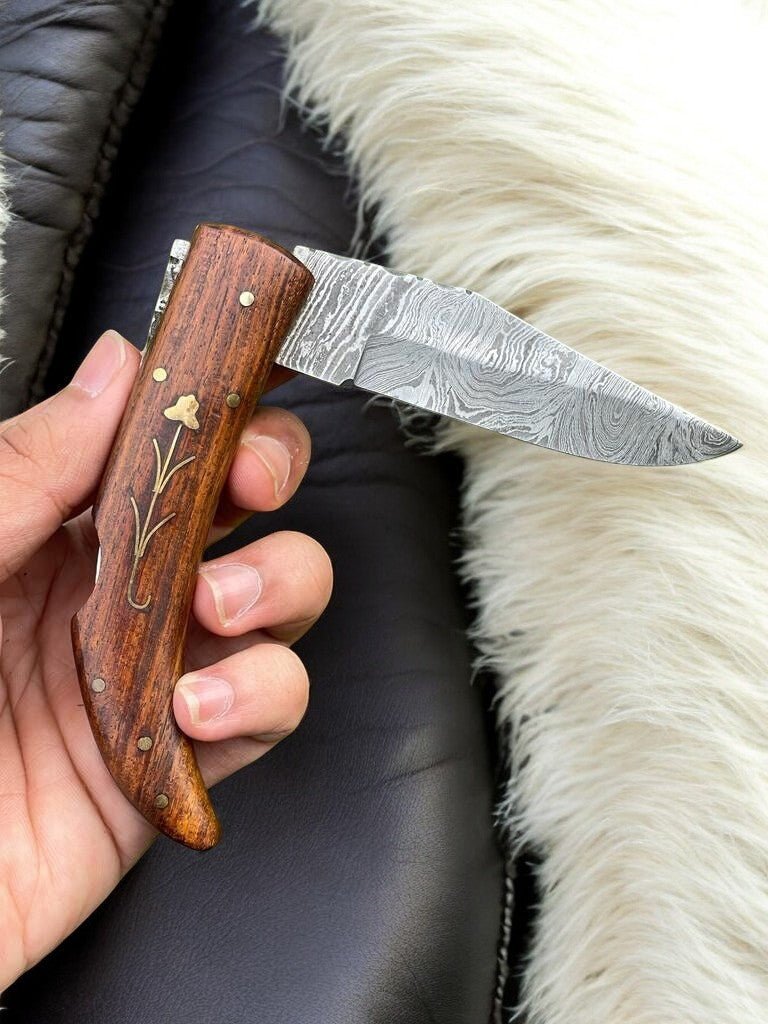 Handmade Damascus Steel Pocket Knife with Rosewood Handle Damascus Knife Store