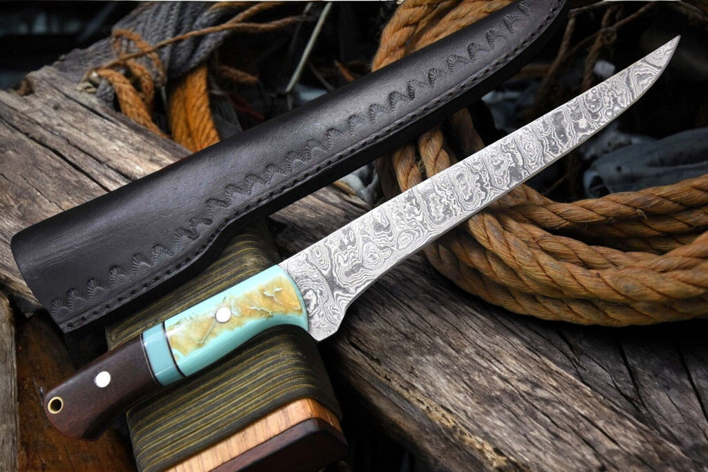 Handmade Damascus Fillet Knife – Rosewood & Resin Handle Damascus Knife Store