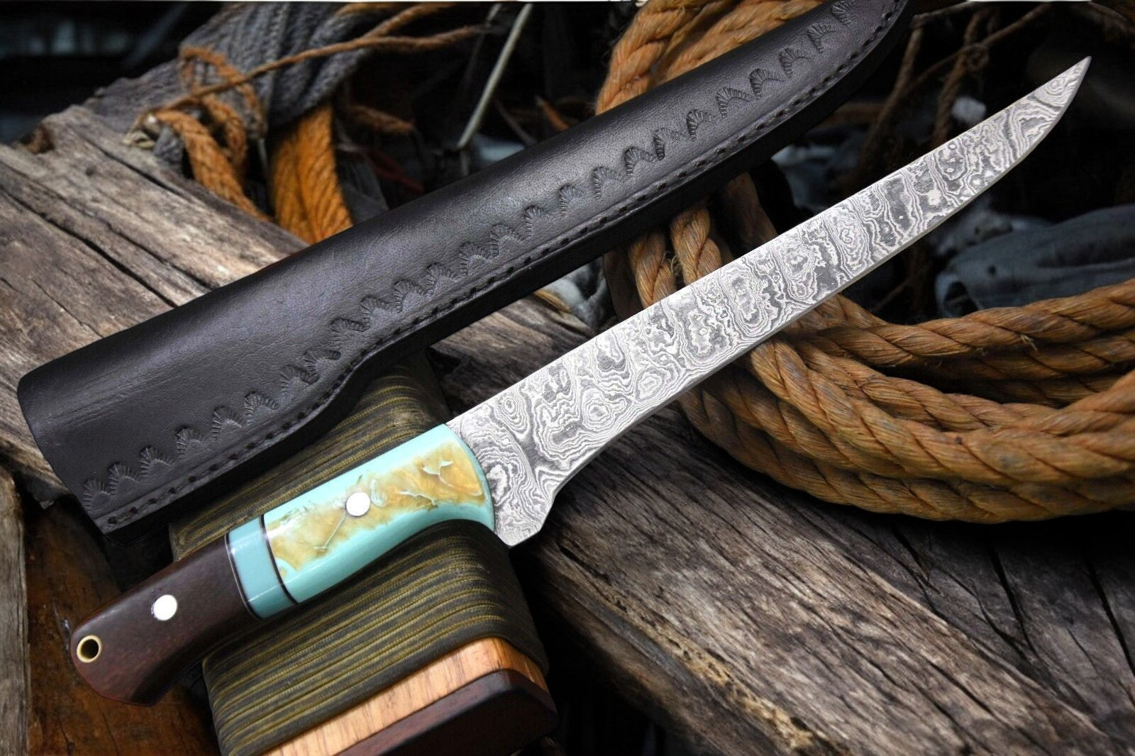 Handmade Damascus Fillet Knife – Rosewood & Resin Handle Damascus Knife Store