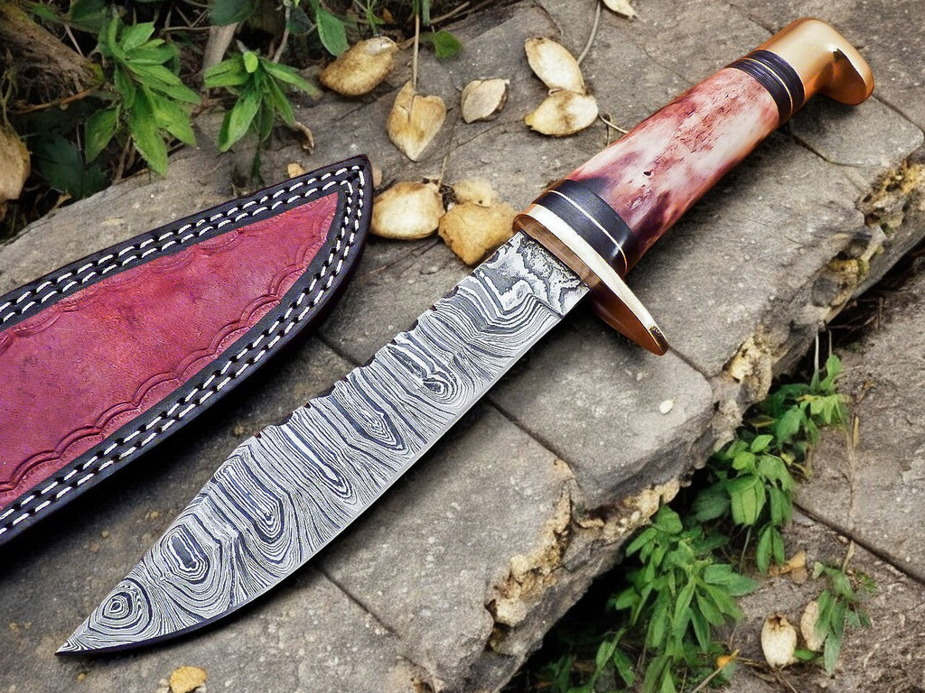 Handmade Damascus Hunting Knife – 12" with Bone Handle Damascus Knife Store