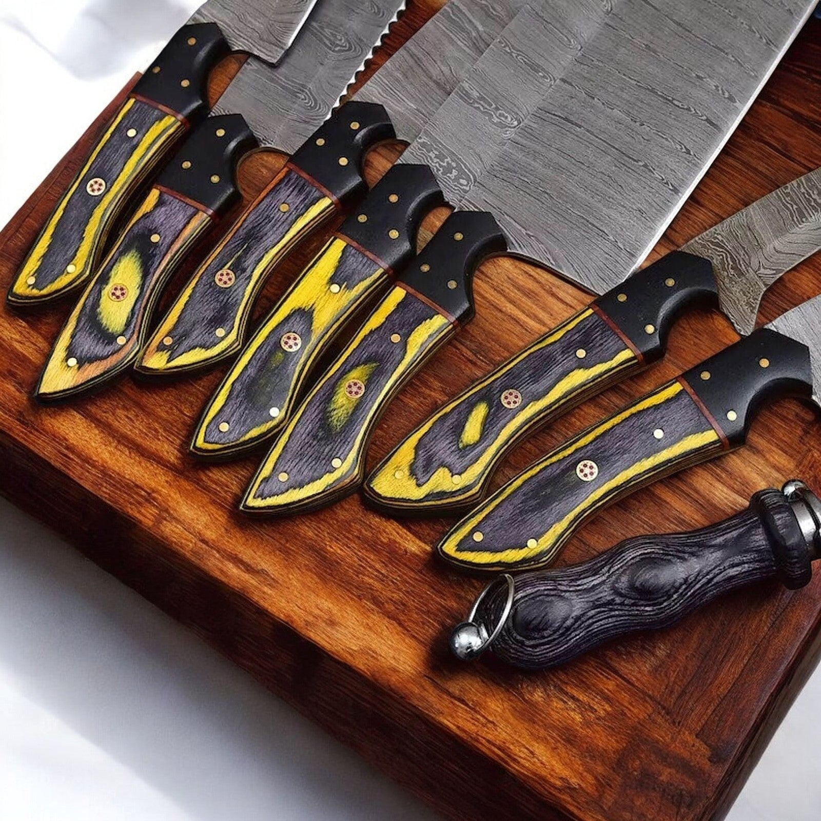 Handmade Damascus Kitchen Knives Set | Exotic Wood & Horn Damascus Knife Store