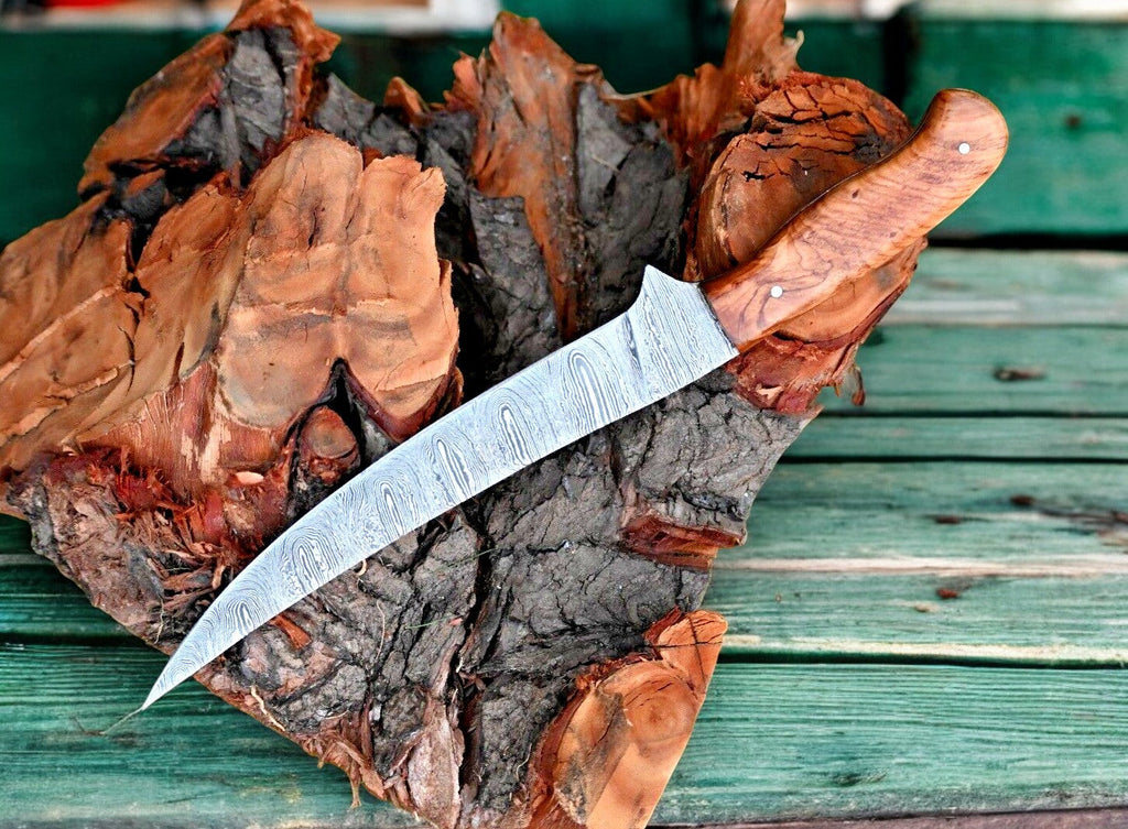 Handmade Damascus Fillet Knife – 12.6" Olivewood Handle Damascus Knife Store