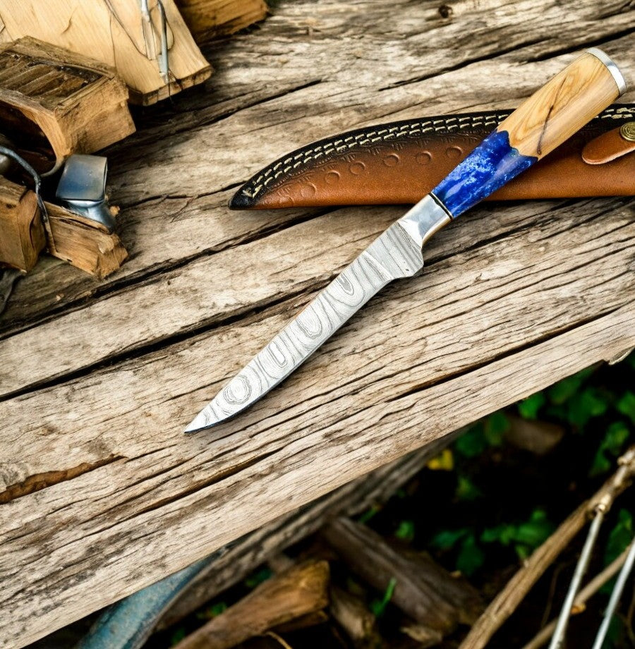 Handmade Damascus Fillet Knife – Epoxy Olive Wood Handle Damascus Knife Store