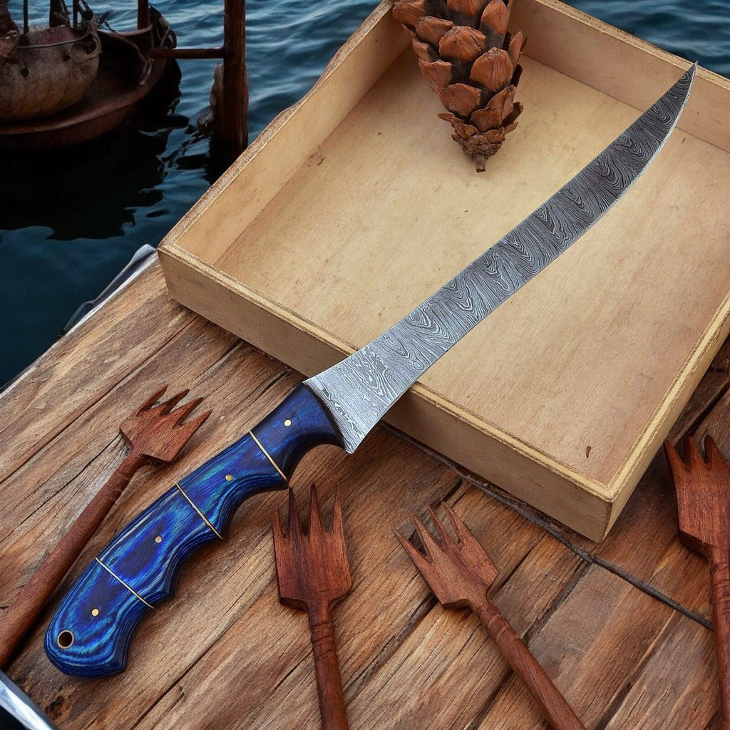 Custom Handmade Damascus Fillet Knife – 12" Exotic Wood Handle Damascus Knife Store