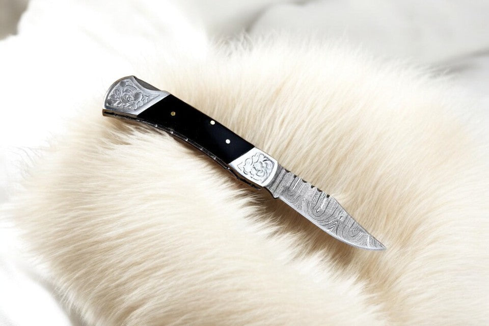 Custom Handmade Damascus Pocket Knife with Buffalo Horn Handle Damascus Knife Store