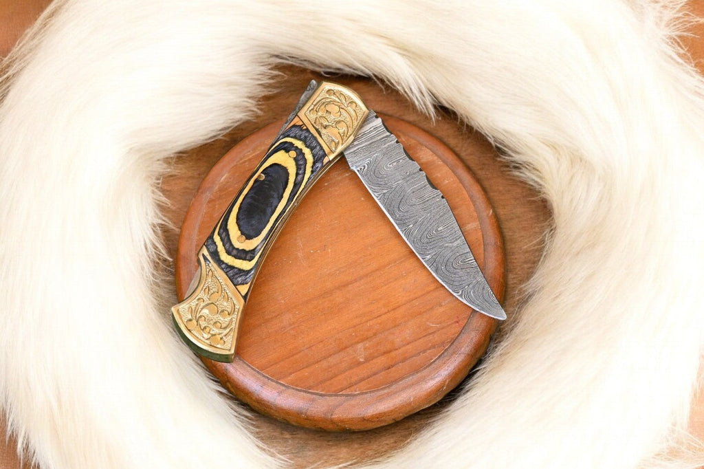 Handmade Damascus Folding Knife – Exotic Wood Handle Damascus Knife Store