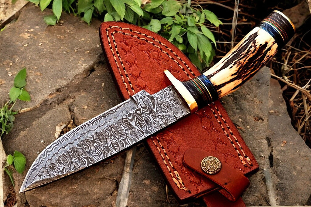 Handmade Damascus Hunting Knife – Antler & Wood Handle Damascus Knife Store