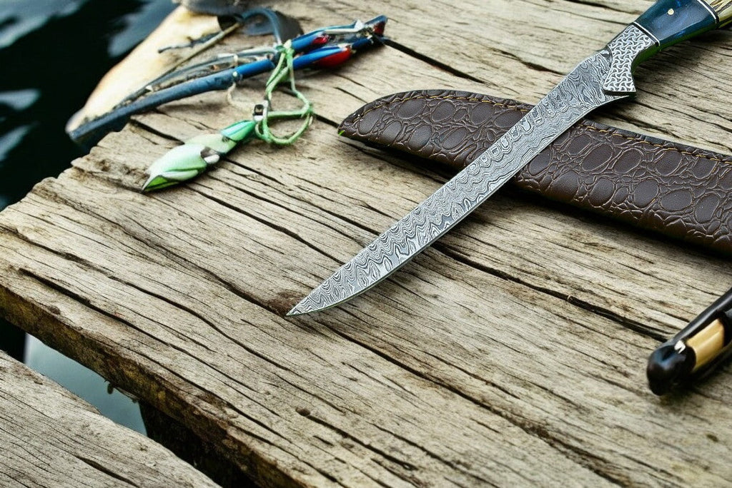 Custom Handmade Damascus Fillet Knife – 12.5” with Leather Sheath Damascus Knife Store