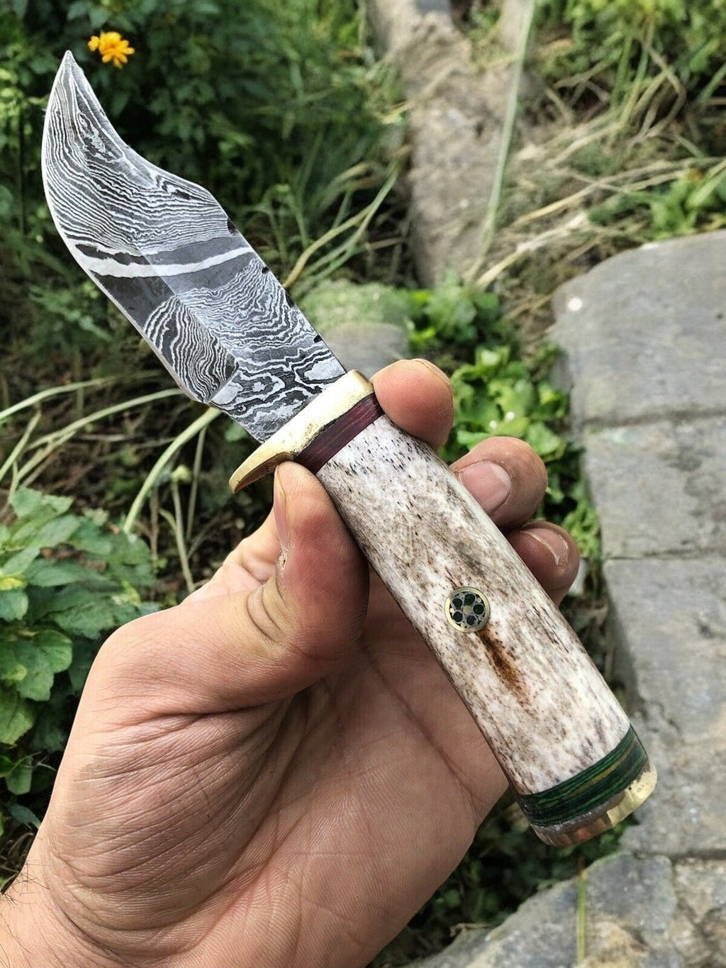 Custom Handmade Damascus Hunting Knife – 7.5” with Bone Handle Damascus Knife Store