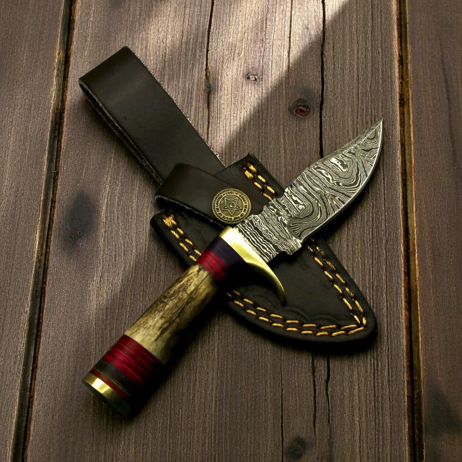 Handmade Damascus Hunting Knife with Antler Horn Handle Damascus Knife Store