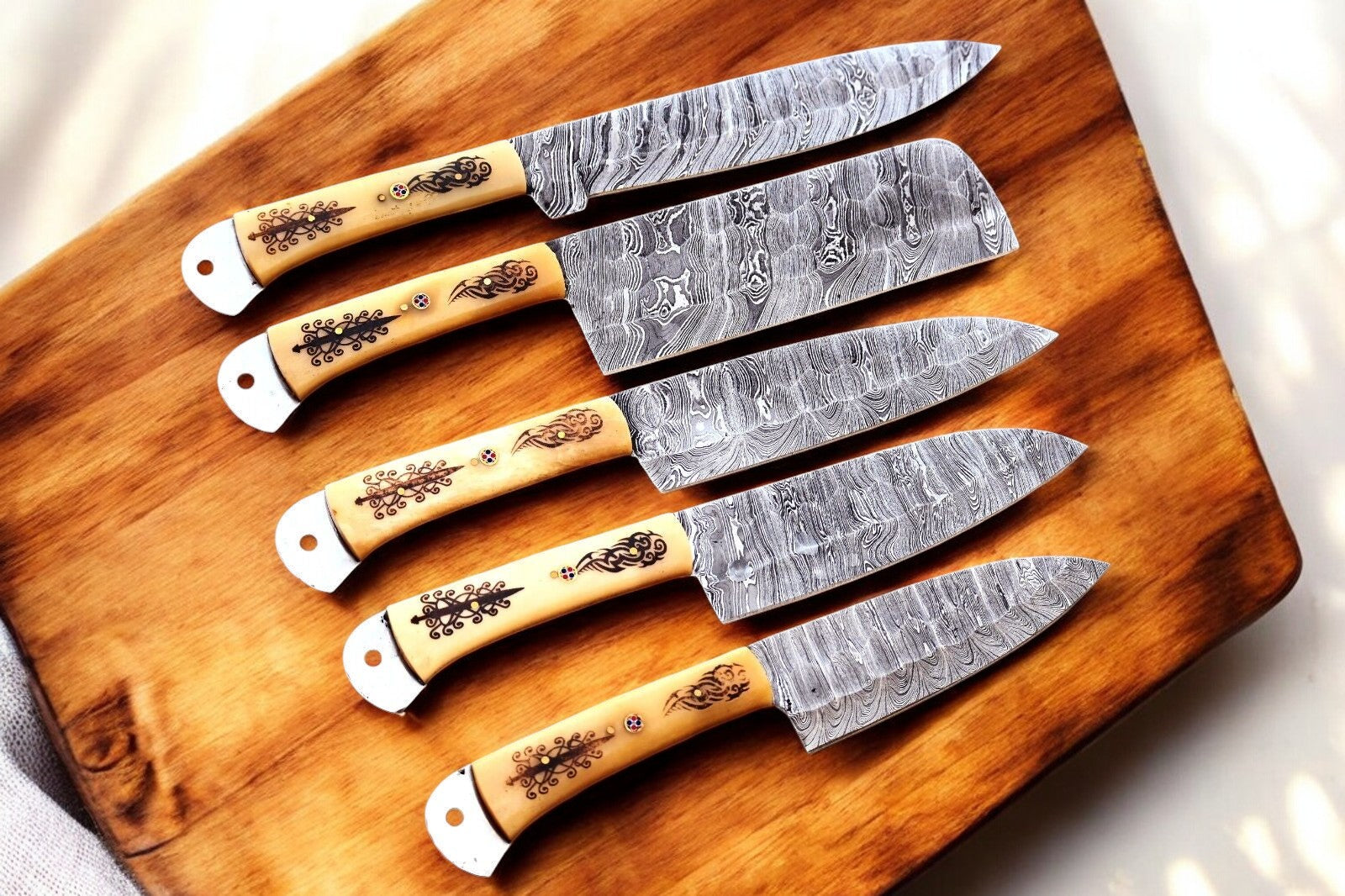 Handmade Damascus Kitchen Knives Set with Engraved Bone Damascus Knife Store