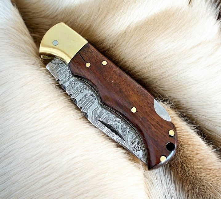 Custom Handmade Damascus Steel Pocket Knife with Rosewood Handle Damascus Knife Store