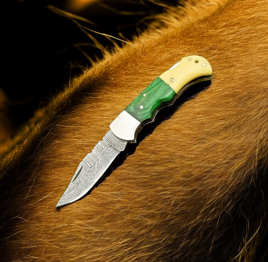 Custom Handmade Damascus Pocket Knife – Bone & Wood Handle Damascus Knife Store
