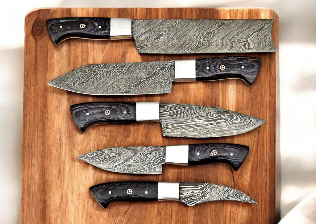 Handmade Damascus Kitchen Knives Set – Exotic Wood Handles Damascus Knife Store