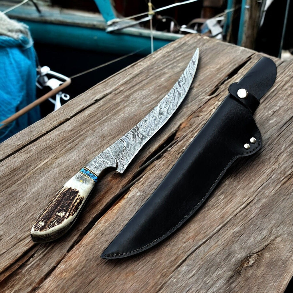 Premium Damascus Fillet Knife – Antler Horn Handle, 13" Damascus Knife Store