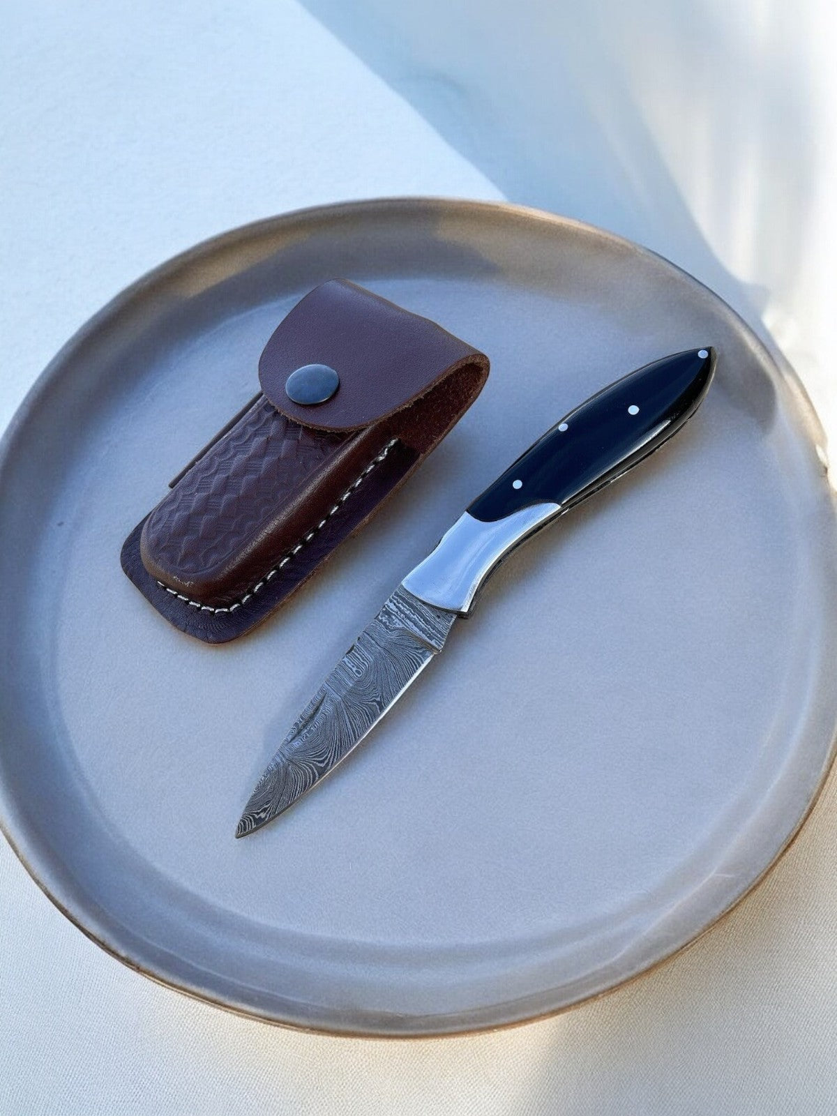 best folding hunting knife | Leather Case Damascus Knife Store