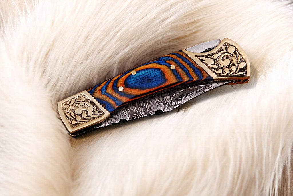 Handmade Damascus Folding Knife – Exotic Wood Handle Damascus Knife Store